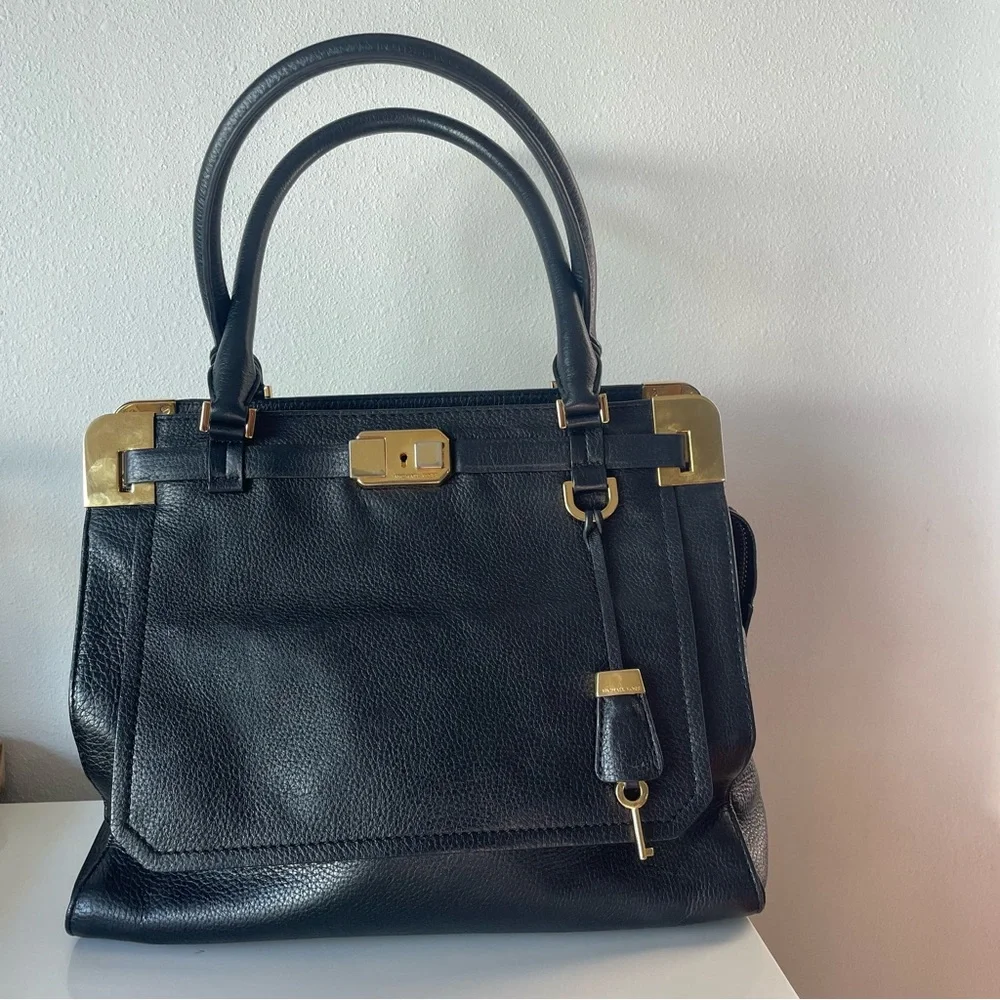 Michael Kors Collection Blake Satchel, Black Leather Gold Hardware GUC - Picture 3 of 6